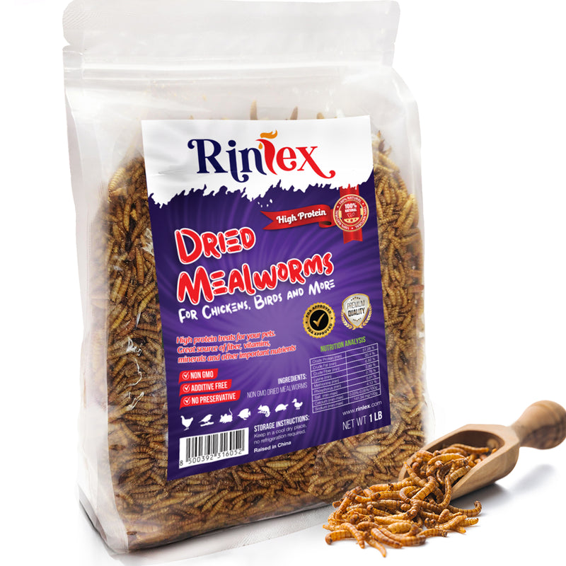 Rinlex Non-GMO Dried Mealworms-High-Protein Mealworms for Wild Bird,Chicken, Ducks,Fish,Reptile, Tortoise, Amphibian,Lizard 1 lb