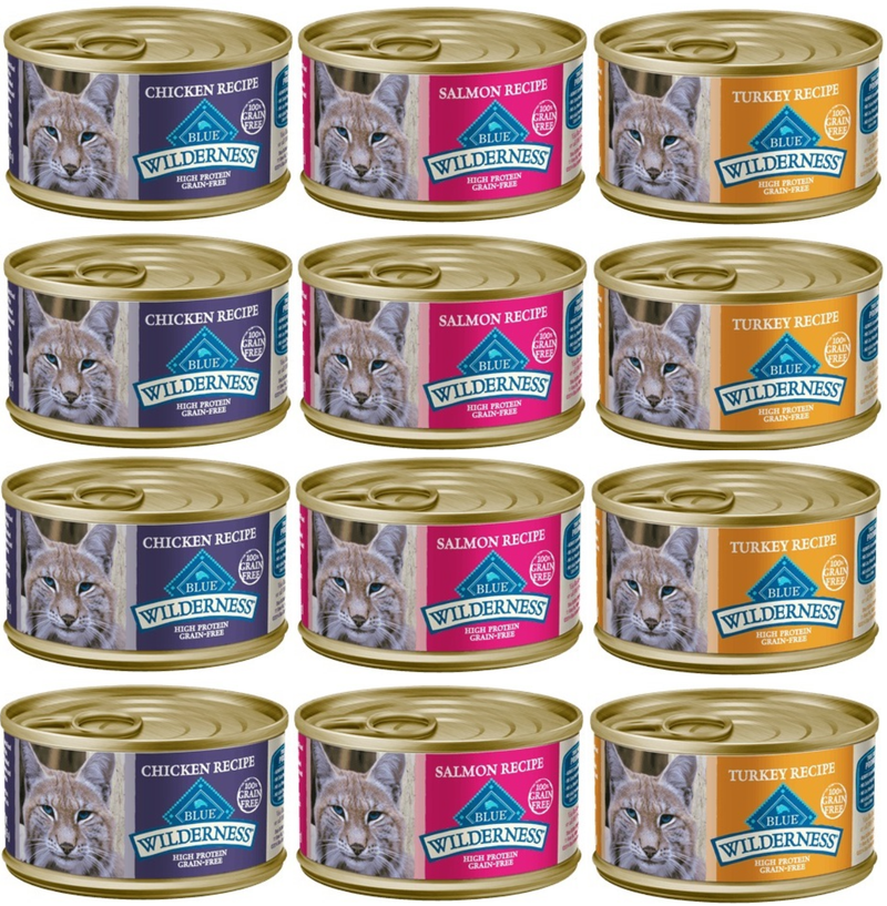 Blue Buffalo Wilderness Grain-Free Wet Cat Food Variety Box - 3 Flavors (Salmon, Turkey, and Chicken) - 12 (5.5 Ounce) Cans - 4 of Each Flavor